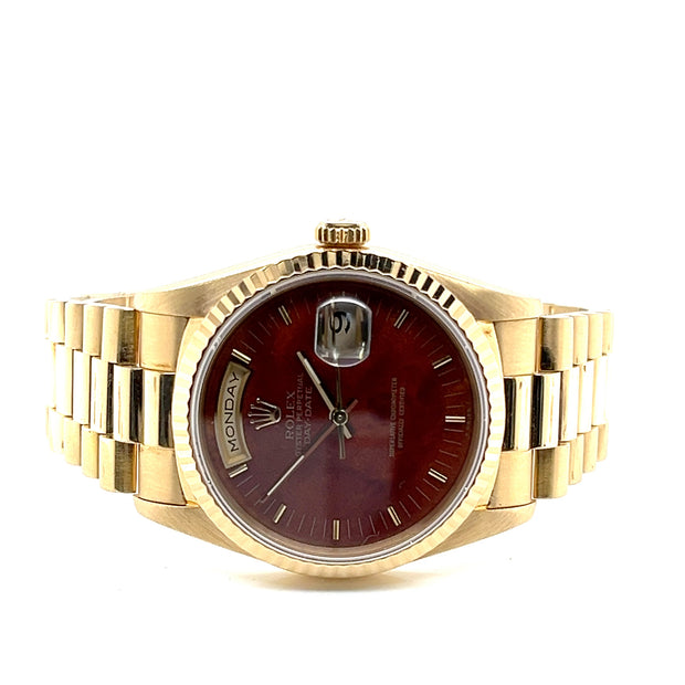 Pre-Owned Rolex DayDate 36mm President L Series Yellow Gold - Burl Wood Dial