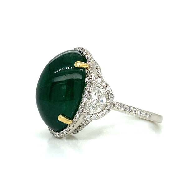 10.65 ct Cabochon Emerald with 1.22 ctw Diamond Side Stones set in Platinum Ring