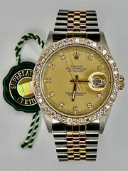 Pre-Owned Rolex Datejust 36mm Two Tone Jubilee Band with Gold Dial, Diamond Markers, and Custom Diamond Bezel