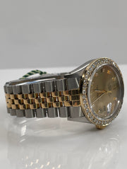 Pre-Owned Rolex Datejust 36mm Two Tone Jubilee Band with Gold Dial, Diamond Markers, and Custom Diamond Bezel