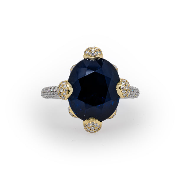 11.47 CT Oval Cut Sapphire with 1.13 CTW Round Brilliant Cut Diamonds Ring Set in 18 KYG and Platinum GRS Certified
