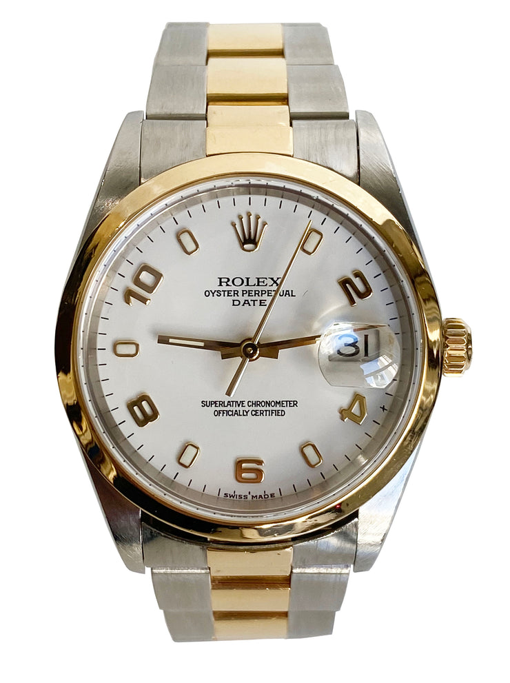 Pre-Owned Rolex Date Oyster Perpetual with White Arabic Dial and Two Tone Oyster Band 34mm