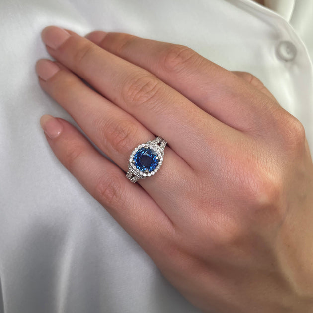 Blue Sapphire Diamond Halo Ring – Jahan Diamond Imports