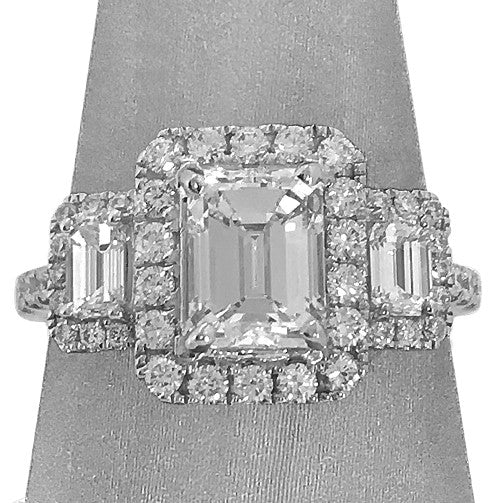 Emerald Cut Halo Three Stone Diamond Ring