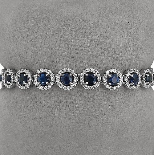 Round Blue Sapphire Halo Diamond Tennis Bracelet