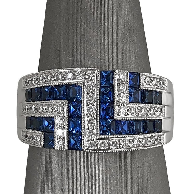 Blue Sapphire & Diamond Geometric Ring
