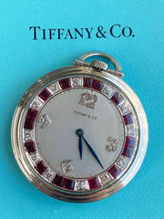 Pre-Owned ART DECO Authentic Antique Tiffany & Co Diamond and Ruby Open Pocket Watch