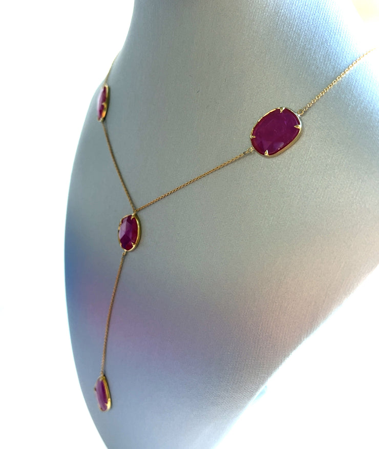 Natural No-heated 4.75 ctw rubies set in 18k yellow gold Y drop necklace