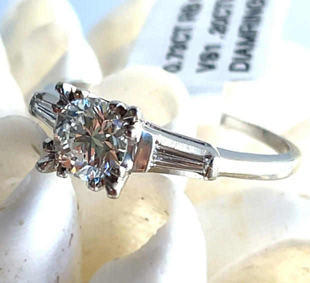 Antique 0.73 ct Round Brilliant Diamond Ring with 0.20 ctw Baguette Side Stones