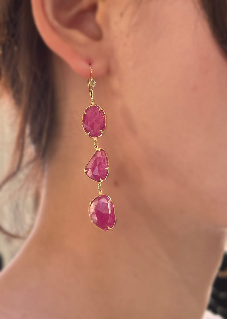 Natural 6.0 ctw ruby set in 18k and 14k yellow gold earring drops 2.6 in" length