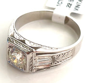 Vintage 1.00 ct Round Brilliant Diamond Ring with 0.22 ctw Baguette Diamonds in 18k White Gold