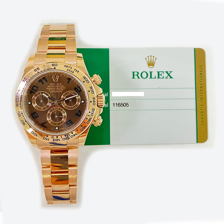 Pre-owned Rolex Daytona CHOCOLATE ARABIC 40mm Brown 18K Rose Gold Watch 116505 Original BOX & Papers