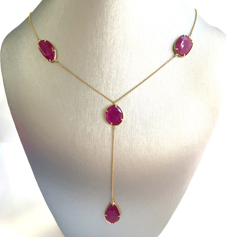 Natural No-heated 4.75 ctw rubies set in 18k yellow gold Y drop necklace