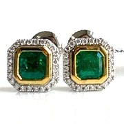 1.41 CTW Emeralds with 0.16 CTW RB Diamonds Set in 18K Yellow and White Gold Stud Earrings