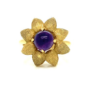 Retro Flower Ring Deep Purple Amethyst Cabochon Center Stone in 18K Yellow Gold