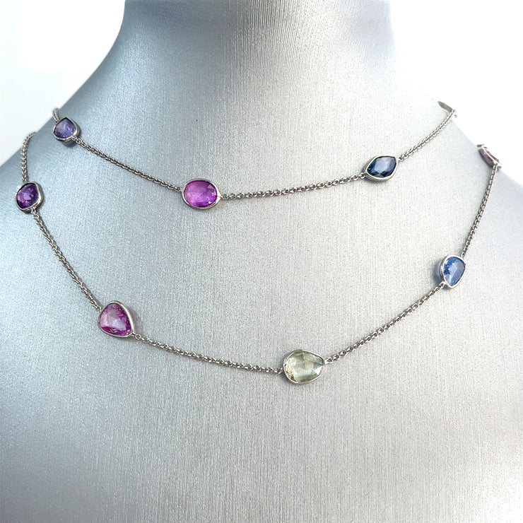 Multi Color No-Heat Sapphire 18K White Gold Necklace