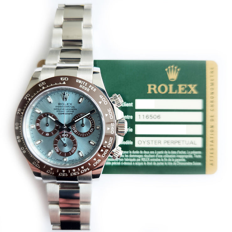 Pre-owned Rolex Daytona Ice Blue Dial Platinum Cosmograph Watch 116506 with original box and papers