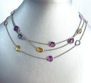 Multi Color No-Heat Sapphire 29.42ctw Long 18k White Gold Necklace 36.5 inches