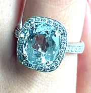 Natural 5.50ct Aquamarine & Natural 1.0ctw Diamonds 14k white gold ring size 7.5