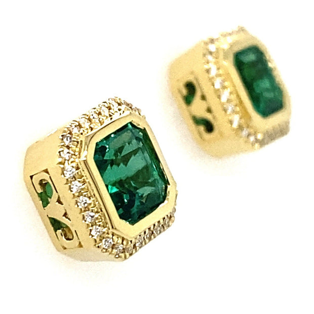 1.83 CTW Green Emeralds with 0.10 CTW Diamond Halo Stud Earrings