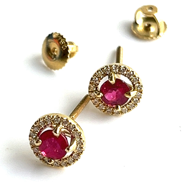 0.88 CTW Rubies with 0.15 CTW Diamond Halo 18K Yellow Gold Stud Earrings