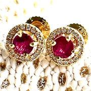 0.88 CTW Rubies with 0.15 CTW Diamond Halo 18K Yellow Gold Stud Earrings