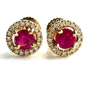 0.88 CTW Rubies with 0.15 CTW Diamond Halo 18K Yellow Gold Stud Earrings