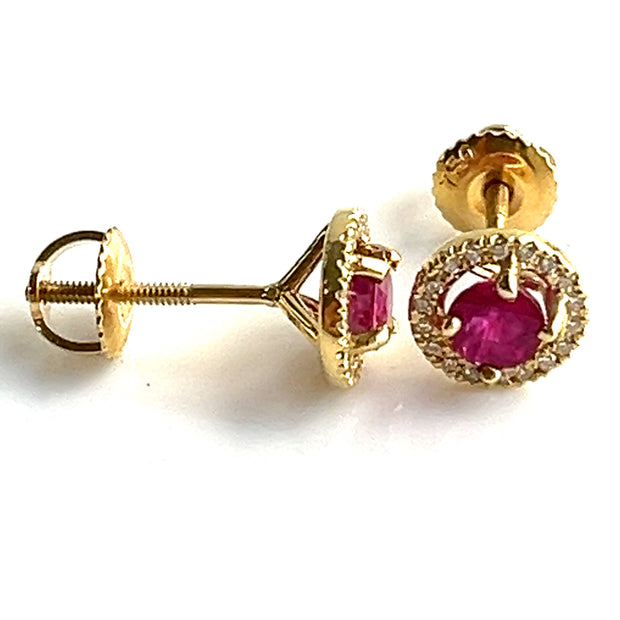 0.88 CTW Rubies with 0.15 CTW Diamond Halo 18K Yellow Gold Stud Earrings