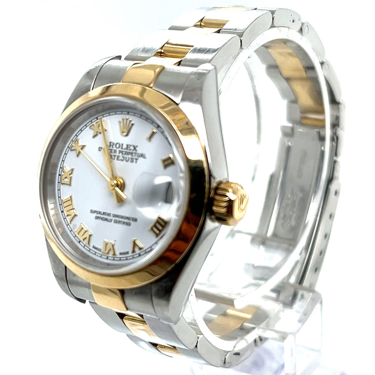 Pre-owned Rolex Lady Datejust 26mm 2-Tone 79163 White Roman Yellow Gold/Steel Oyster Watch