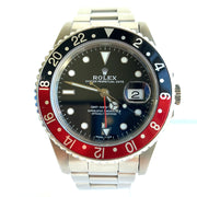 pre-owned Rolex GMT-Master II 16710 Silver Oyster Bracelet and Red & Black Bezel box paper