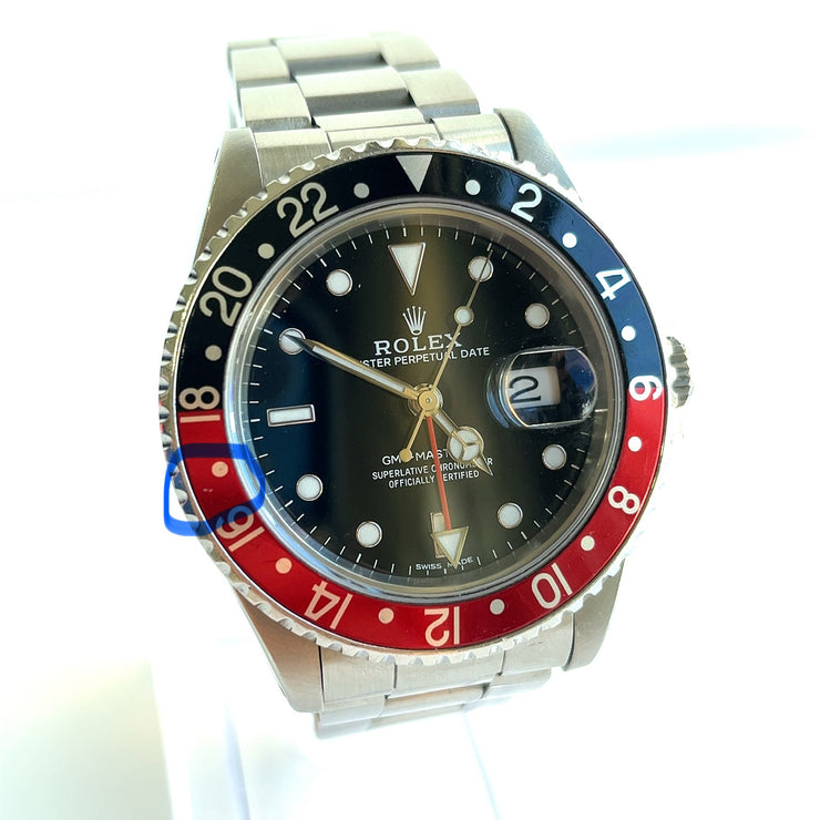 pre-owned Rolex GMT-Master II 16710 Silver Oyster Bracelet and Red & Black Bezel box paper