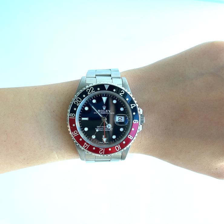 pre-owned Rolex GMT-Master II 16710 Silver Oyster Bracelet and Red & Black Bezel box paper