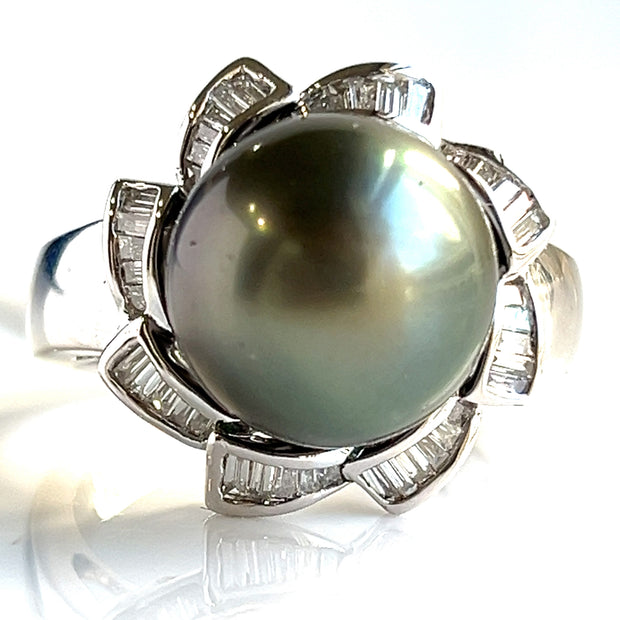 18k white gold Black Sea water pearl with natural diamonds ring