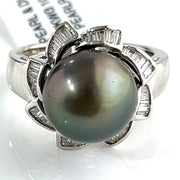 18k white gold Black Sea water pearl with natural diamonds ring