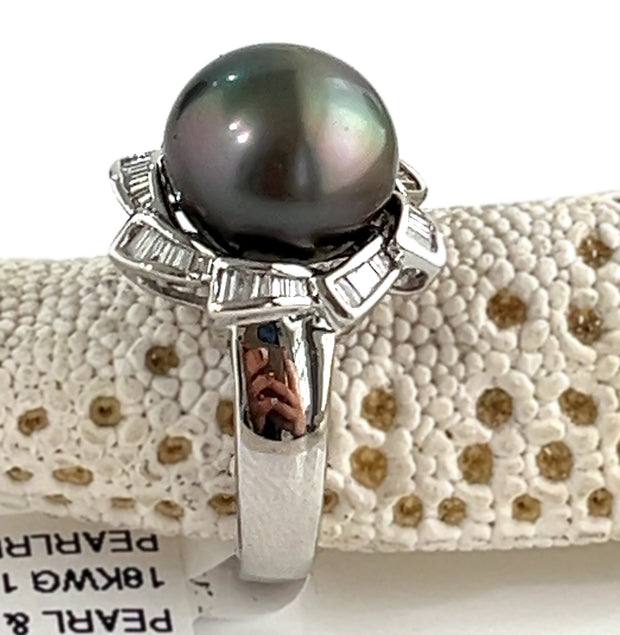 18k white gold Black Sea water pearl with natural diamonds ring