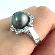 18k white gold Black Sea water pearl with natural diamonds ring