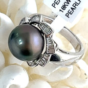 18k white gold Black Sea water pearl with natural diamonds ring