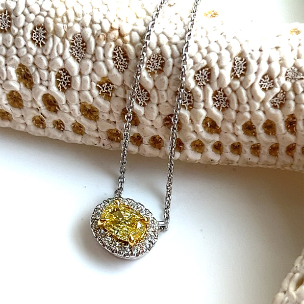 0.50 CT Fancy Oval Yellow & 0.08 CTW Round Diamonds Pendant & 18K White Gold Chain