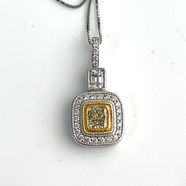 0.53 ct Fancy Yellow Cushion & 0.90ct diamonds 18k white & yellow gold necklace