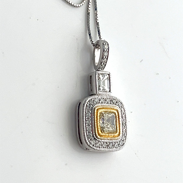 0.53 ct Fancy Yellow Cushion & 0.90ct diamonds 18k white & yellow gold necklace