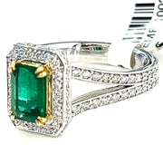 Emerald With Diamond Halo and Split Shank Ring