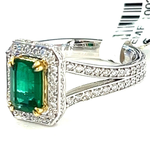 Emerald With Diamond Halo and Split Shank Ring