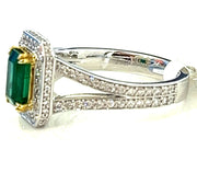 Emerald With Diamond Halo and Split Shank Ring