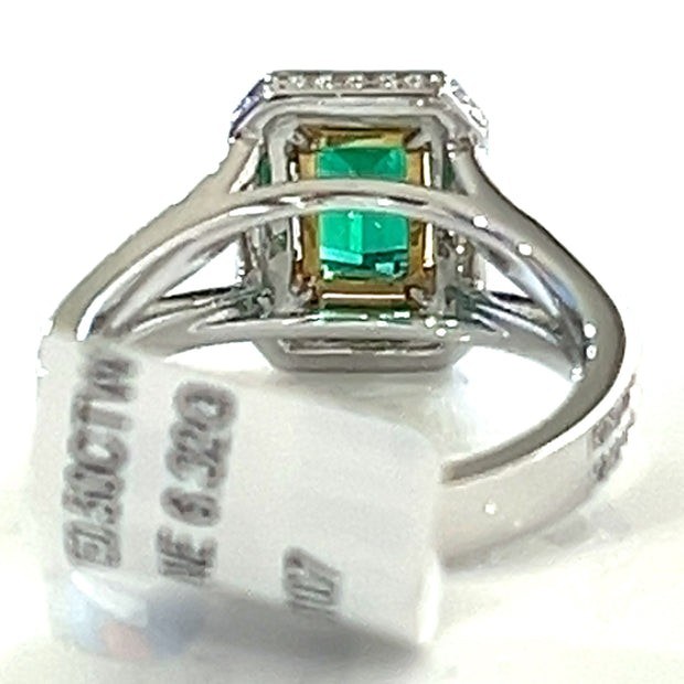 Emerald With Diamond Halo and Split Shank Ring