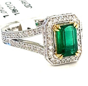 Emerald With Diamond Halo and Split Shank Ring