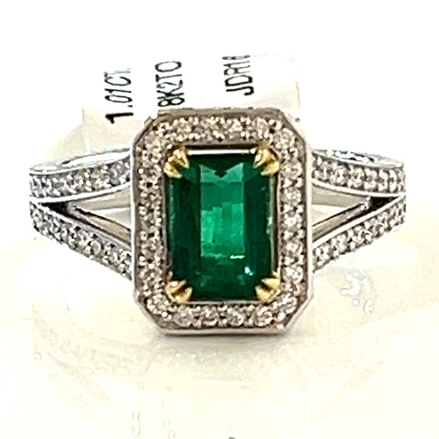 Emerald With Diamond Halo and Split Shank Ring