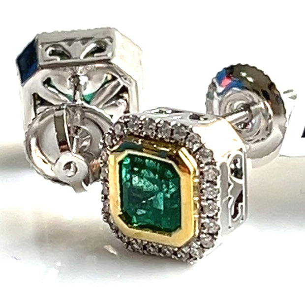 Natural 1.41ctw Emeralds with 0.16ctw RB Diamonds set in 18k yellow and white gold stud earrings