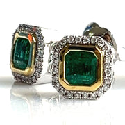 Natural 1.41ctw Emeralds with 0.16ctw RB Diamonds set in 18k yellow and white gold stud earrings