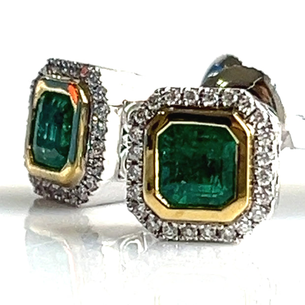 1.41 CTW Emeralds with 0.16 CTW RB Diamonds Set in 18K Yellow and White Gold Stud Earrings