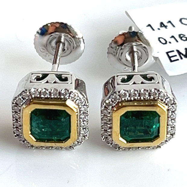 Natural 1.41ctw Emeralds with 0.16ctw RB Diamonds set in 18k yellow and white gold stud earrings